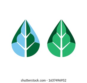 two stylized images of a leaves: a leaf in a drop of water and green leaf. All parts are editable. For icon ang logo design