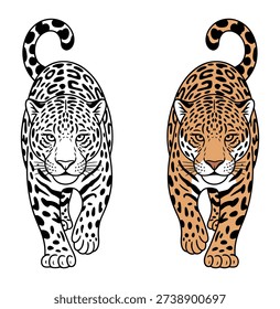 Two stylized jaguars or leopards are depicted walking forward, one in black and white outline and the other in naturalistic brown and black colors, both with intricate spot patterns.
