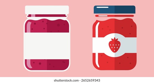 Dois frascos estilizados de geleia, um com um gráfico de morango e o outro com um rótulo em branco, são apresentados contra um fundo rosa suave. Uma ilustração simples e moderna.