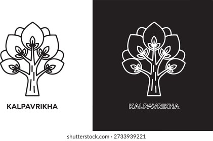 Dos logotipos de árbol Kalpavriksha estilizados con la palabra kalpavriksha escrita en diferentes escrituras aisladas sobre fondo blanco, ilustración
