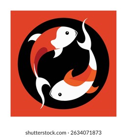 Two stylized koi fish swimming in a circle on a red background vector design