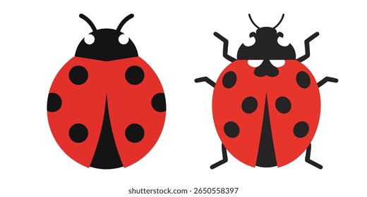 Two stylized ladybugs, one facing forward and the other in profile, are depicted against a clean white background. Both feature iconic red bodies with black spots and heads.