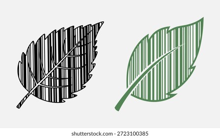 Duas folhas estilizadas, uma preta e uma verde, com padrões listrados em um fundo plano.