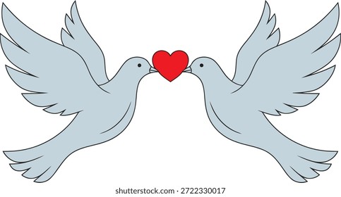 Se representan dos palomas estilizadas de color azul claro con las alas extendidas enfrentadas, cada una con un corazón rojo en sus picos.