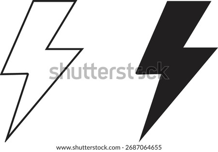 Two stylized lightning bolt icons one outlined and one solid black representing energy power electricity speed and high voltage. Ideal for concepts related to dynamism and force.