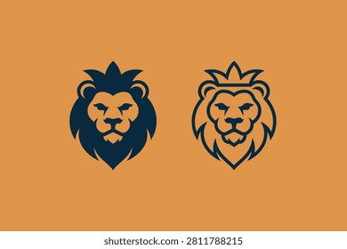 Two stylized lion heads facing opposite directions on orange background