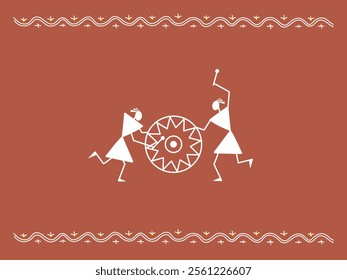 Two stylized little men are beating a ritual drum and dancing. A postcard or miniature in the style of traditional old Indian decorative ornamentation Sora of Idittals or Warli.