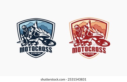 Two stylized logos depict a motocross rider on a dirt bike, with a mountainous background and the words "Motocross Extreme".