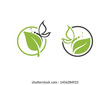 Two stylized logos featuring a green leaf and a butterfly within a circle