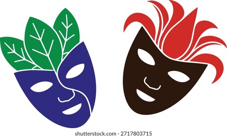 Two stylized masks one blue with green leaves one brown with red flames theatre drama.