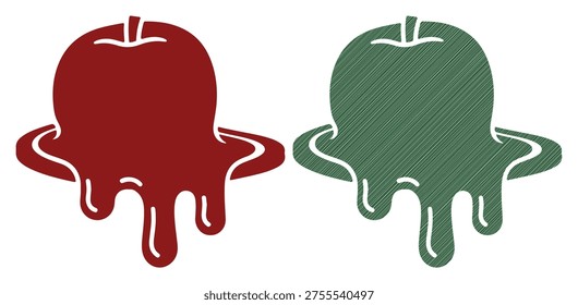 Two stylized melted apple silhouettes, one solid red and other green textured, with dripping juice