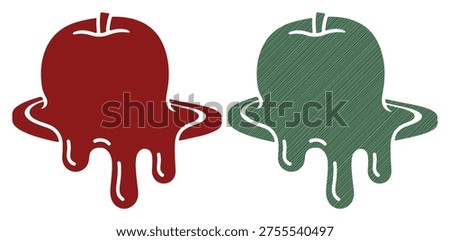 Two stylized melted apple silhouettes, one solid red and other green textured, with dripping juice