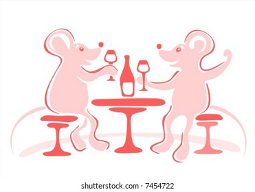 Two stylized mice drink a champagne. Holiday illustration.