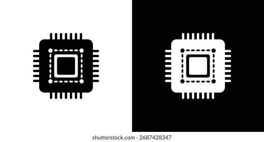 Two stylized microchip icons, one black on white and one white on black, representing technology and data.