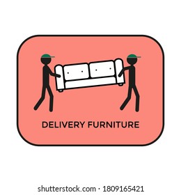 Two stylized movers are carrying a sofa. Logo. Red background. Furniture delivery. Moving service. Isolated