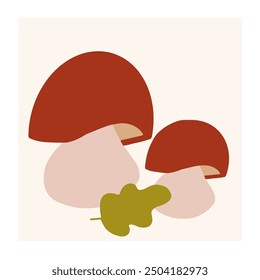 Two stylized mushrooms with a leaf on a light background