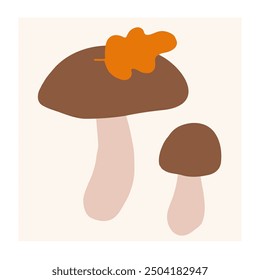 Two stylized mushrooms with an orange leaf found on a light background
