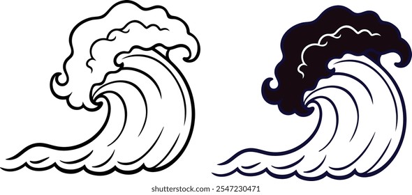 Two stylized ocean wave illustrations. One is black, the other white line art. Both depict a large curling wave with a foamy crest.