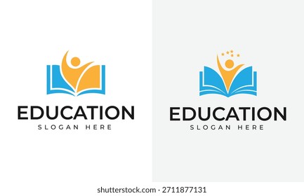 Dos estilizados libros abiertos en azul con figuras naranjas que llegan hacia arriba. Un libro tiene estrellas naranjas encima. El texto dice EDUCACIÓN SLOGAN HERE.