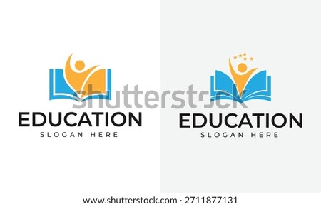 Two stylized open books in blue with orange figures reaching upwards. One book has orange stars above it. Text reads EDUCATION SLOGAN HERE.