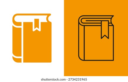Dos iconos de libro naranjas estilizados, uno lleno y uno delineado, con marcadores mostrados uno al lado del otro.