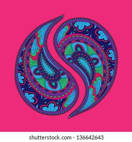 Two stylized ornamental feathers.  Hand drawn vector element for your design. Gorgeous colorful picture