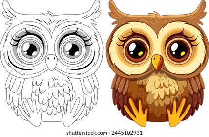 Dos búhos estilizados, uno de color y otro de arte lineal.