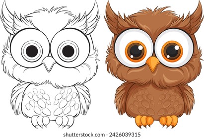 Two stylized owls, one outlined, one colored.