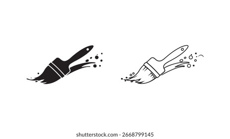 Two stylized paint brush icons, one solid and one outline, depicted in motion with paint splatters, symbolizing art, creativity, and painting.