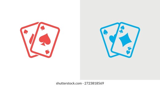 Two stylized pairs of playing cards, one red and one blue, are prominently displayed.