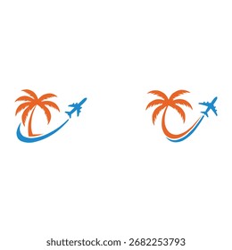 Dos estilizadas palmeras de color naranja con líneas azules y Pequeños aviones, que simbolizan los viajes aéreos tropicales y los destinos de vacaciones, sobre un fondo blanco.