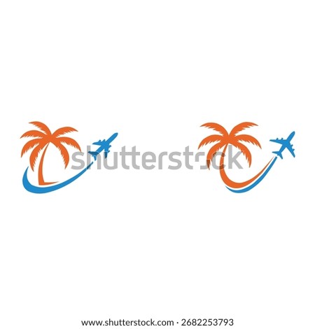 Two stylized palm trees in orange with blue swooshing lines and small airplanes, symbolizing tropical air travel and vacation destinations, set against a white background.
