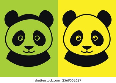 Two stylized panda faces, one on a lime green background and the other on a sunny yellow background.