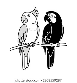 Two stylized parrots, a cockatoo and a macaw, are perched side by side on a horizontal branch, depicted in black and white line art.