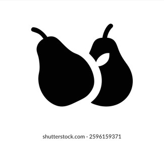 Two stylized pears are depicted in a minimalistic black and white design. The fruits are intertwined, showcasing a unique artistic interpretation of nature.