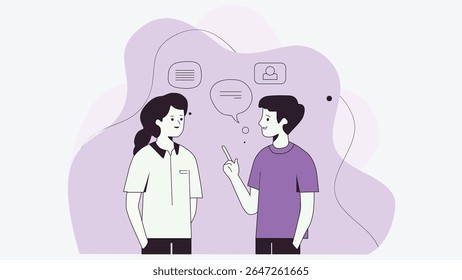 Dos personas estilizadas se dedican a la conversación, con burbujas de discurso e ícono que ilustran el intercambio, ambientado contra una lavanda suave y un fondo blanco.