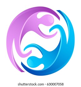 Two stylized people are spin in a circle on a white background