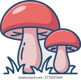 Two stylized pink and red mushrooms with grass on a white background