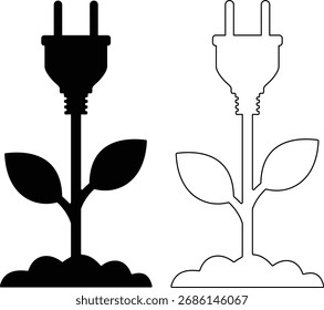 Dois ícones de plantas estilizadas com plugues elétricos em vez de flores, uma silhueta preta sólida e um contorno, isolados em fundo branco.