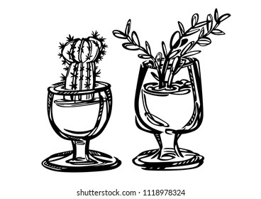 Two stylized plants in glasses.