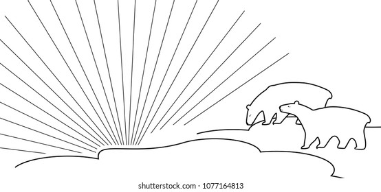 Two stylized polar bears against the background of rays of polar sun