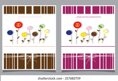  two stylized postcards with flowers, buttons and bow on brown and pink background