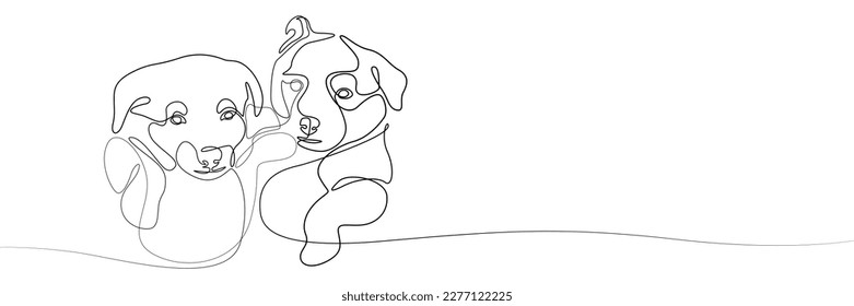 Two stylized puppies drawn with one line. Line art with pets, dog is human best friend. Banner for a pet store, advertising products for dogs