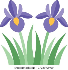 Two stylized purple irises with yellow centers and green stems and leaves
