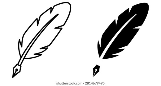 Two stylized quill pen symbols one outlined and one solid black isolated on white. Ideal for literature history or creative writing projects.