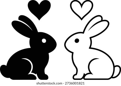 Two stylized rabbits one black one white facing each other with hearts above their heads bunny animal