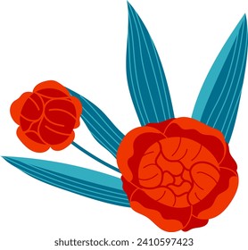 Two stylized red flowers with blue leaves isolated on white. Botanic illustration with abstract floral elements. Bright nature decor and delicate art style vector illustration.