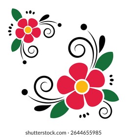 Two stylized red flowers with yellow centers and green leaves are arranged with black swirling lines on a white background creating a simple floral design.