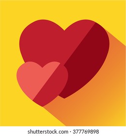 Two stylized red heart icon. Modern colored icons in a flat design with long shadow.