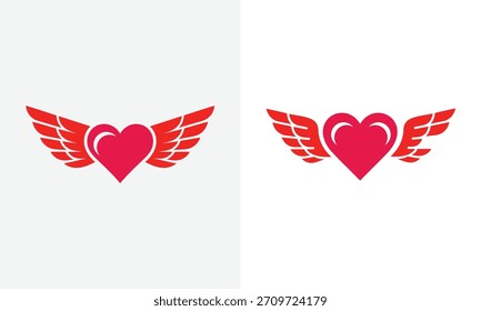 Dos corazones rojos estilizados con alas rojas se muestran uno al lado del otro sobre un fondo gris claro liso.